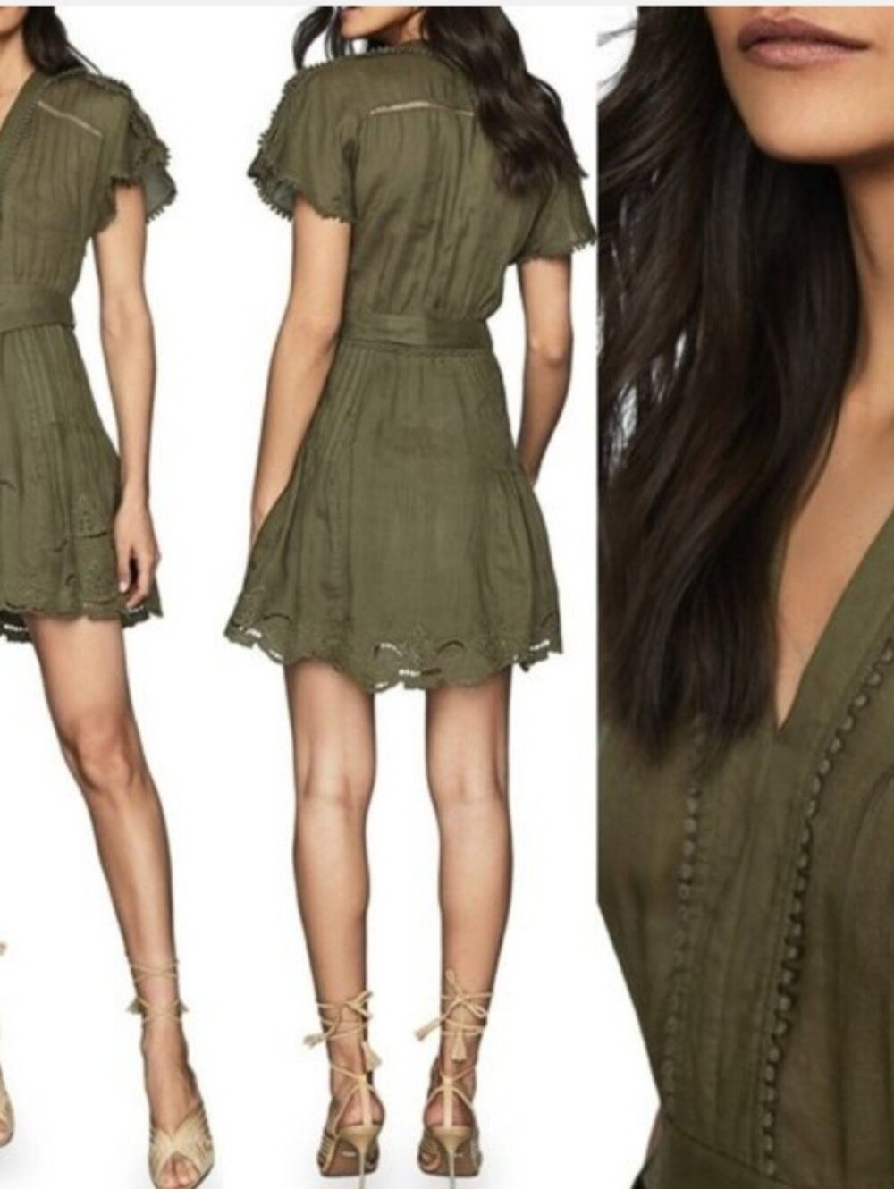 Reiss Gemina Olive Green Embroidered Mini Dress Sz 10